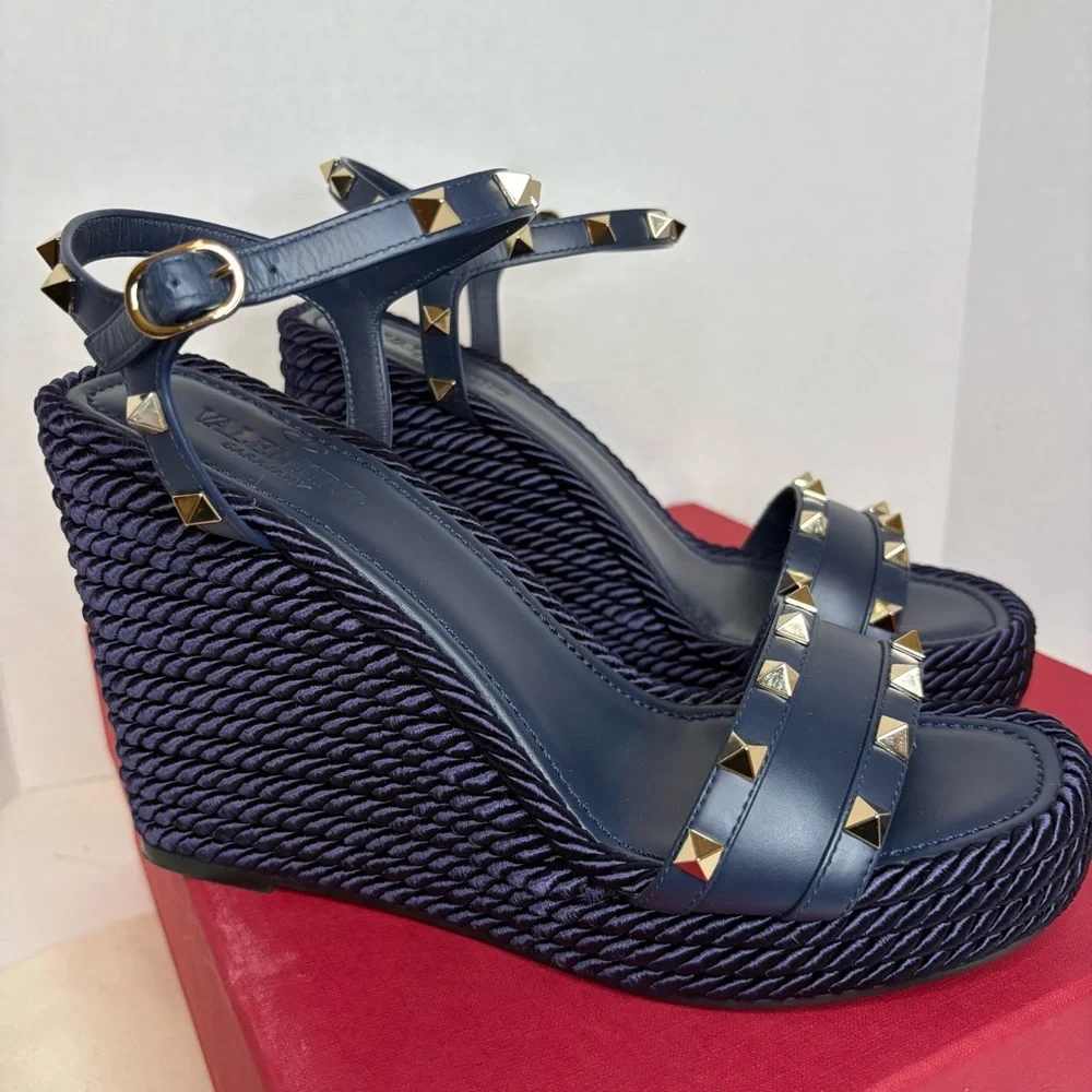 Valentino Garavani Rockstud Wedges Navy - Picture 2 of 7